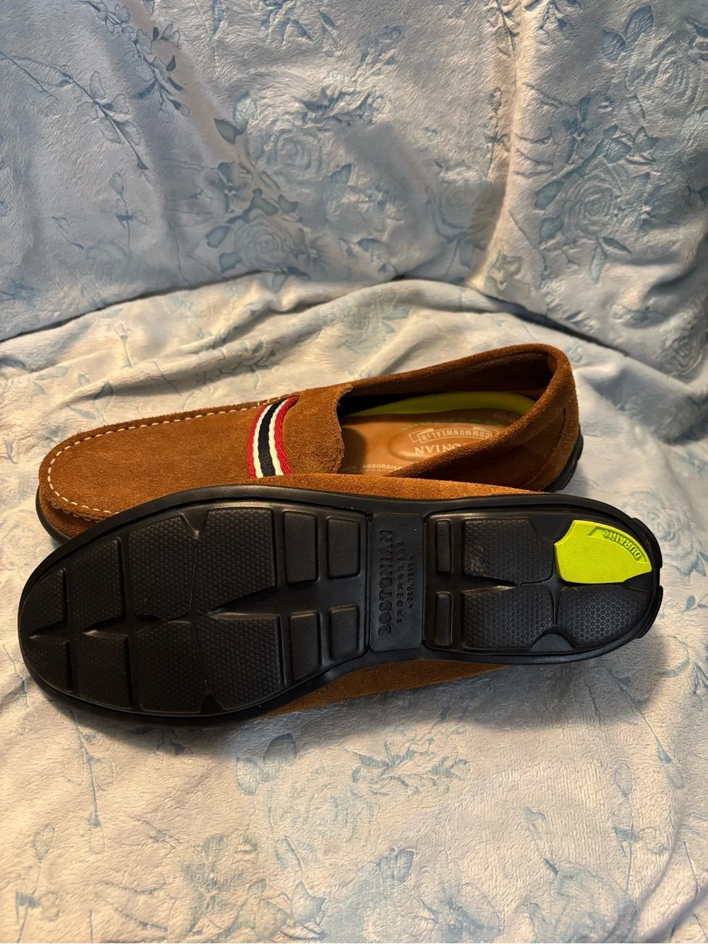 Bostonian Brown Suede Slip-On Slippers with Red-White-Blue Trim Mens 7 New